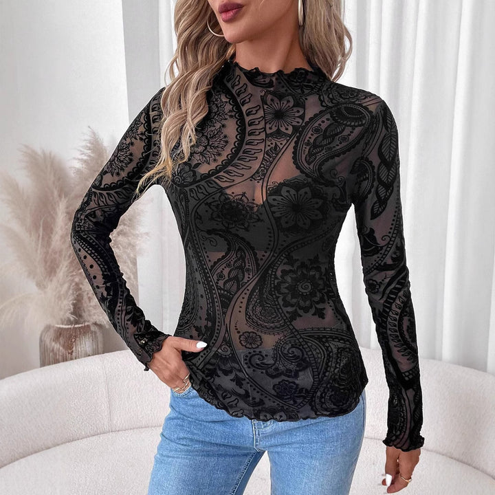 Women's transparent mesh long-sleeve blouse with velvet flock pattern and high stand-up collar Mune Fashion