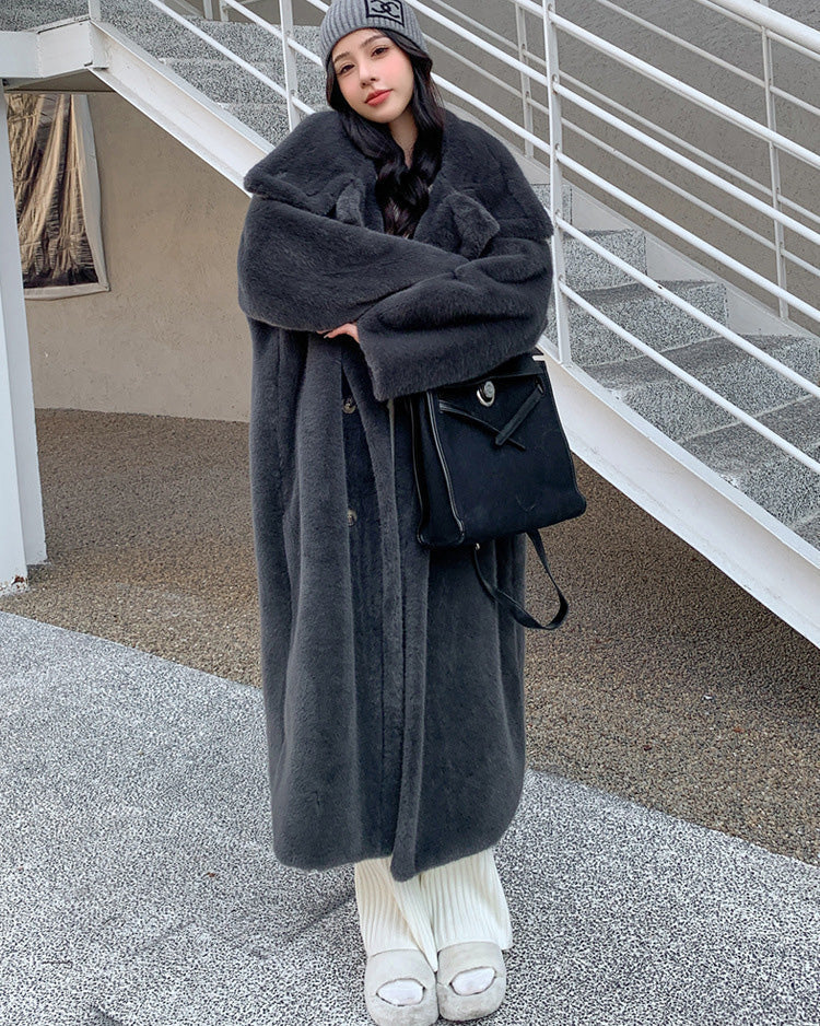 Mune | Collar Double Breasted Faux Mink Fur Long Coat