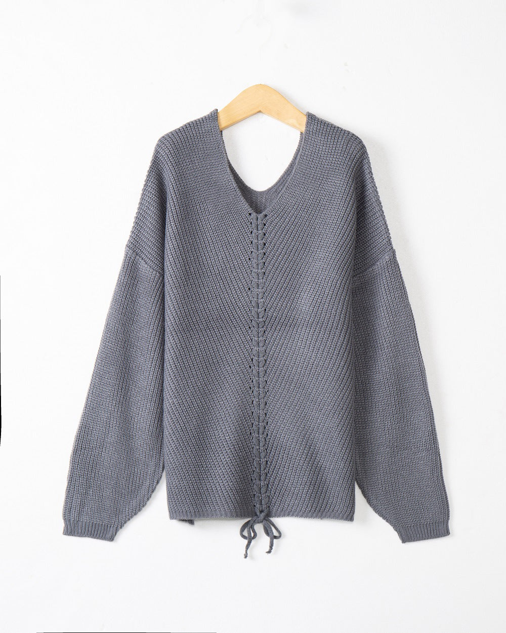 Women's knit sweater with cable center seam, V-neck and drawstring Mune Fashion
