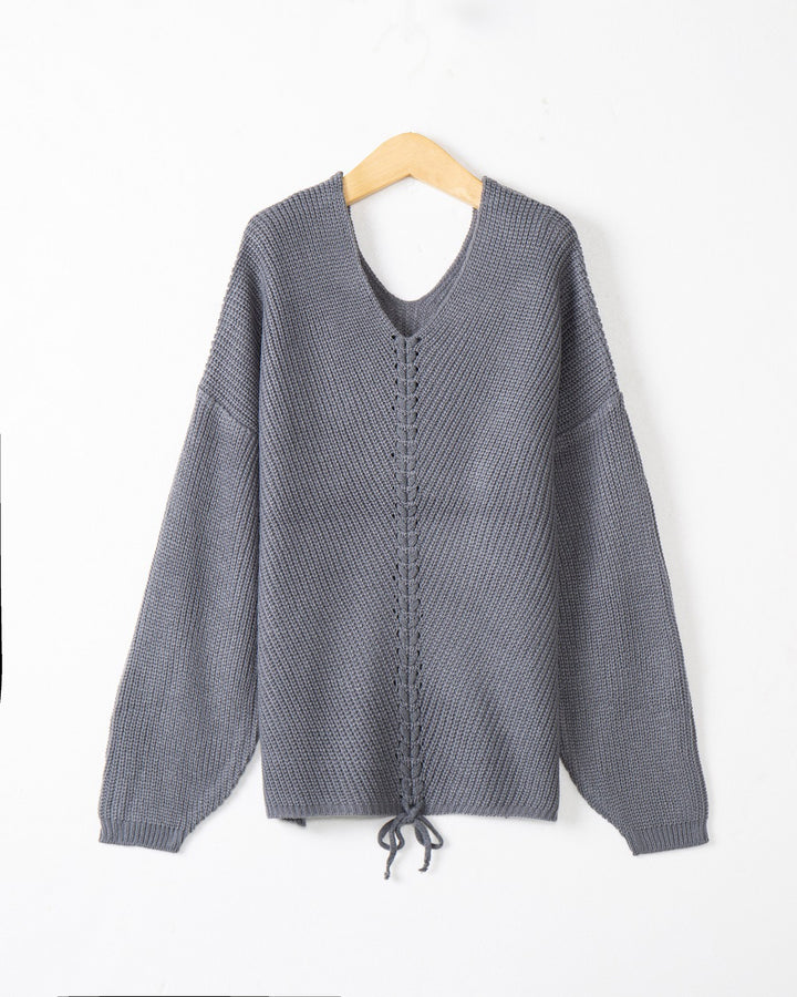 Women's knit sweater with cable center seam, V-neck and drawstring Mune Fashion