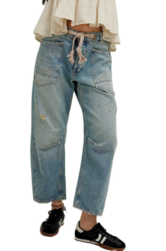 Women's high-waisted jeans in a loose fit with patch pockets and drawstring Mune Fashion
