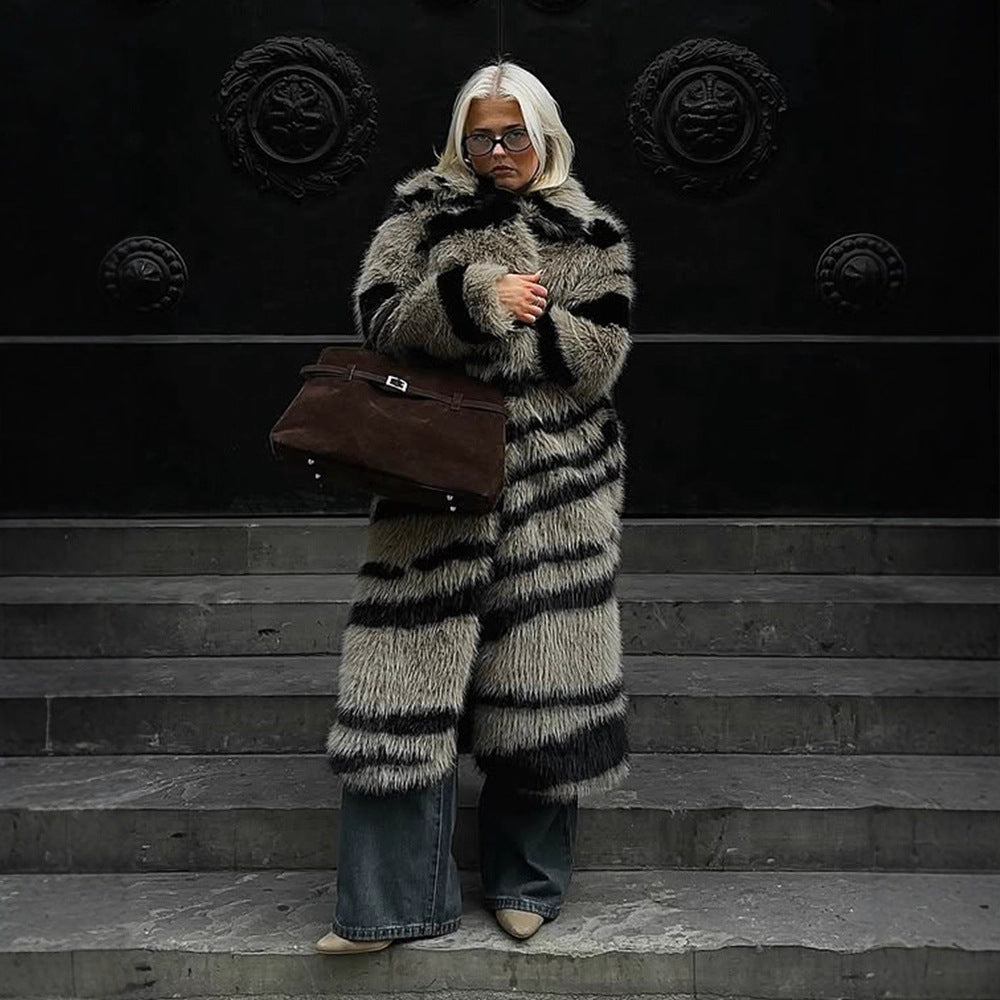Women Oversize Faux Fur Coat with Striped Maxi Cut Mune Fashion