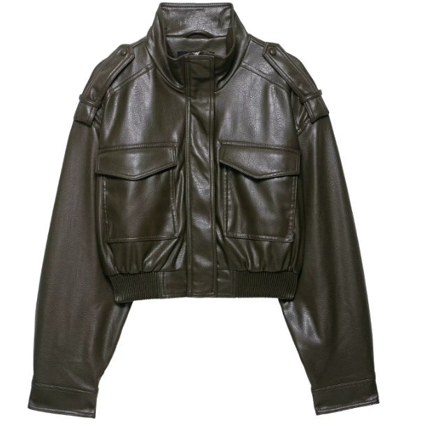 Women's 10+ short faux leather bomber jacket in military look with flap pockets and stand-up collar Mune Fashion