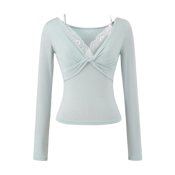 Women’s Figure-Hugging Long Sleeve Top with Twist Detail, Lace Insert and V-Neck