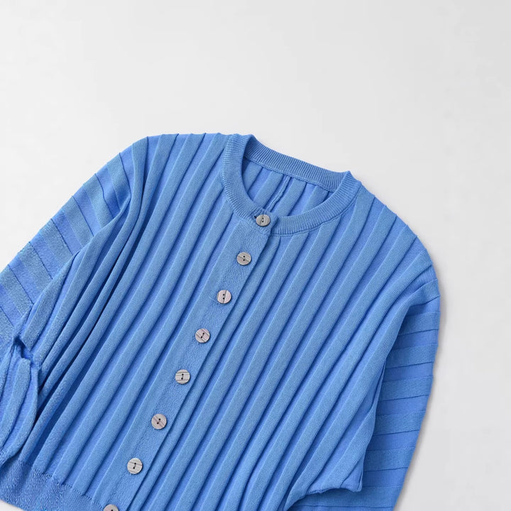 Women Ribbed Knit Cardigan with Balloon Sleeves and Continuous Button Placket Mune Fashion