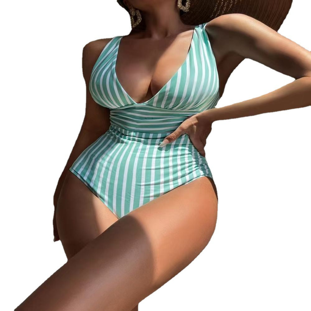 Women's swimsuit with deep V-neck and striped pattern Mune Fashion