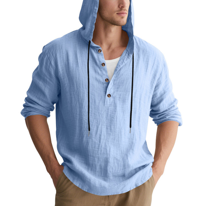 Men's casual linen henley with hood, drawstring and three-button placket Mune Fashion
