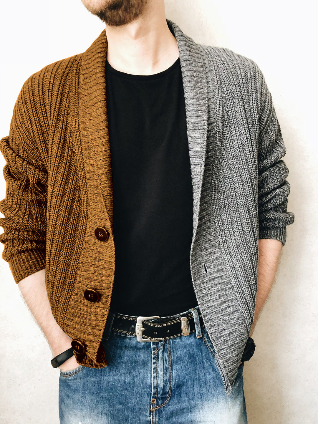 Men's chunky knit cardigan with shawl collar, ribbed texture and distinctive buttons Mune Fashion