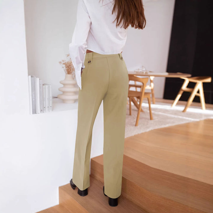 Ladies High-Waisted Palazzo Pants with Crease, Decorative Button Placket and Side Pockets Mune Fashion