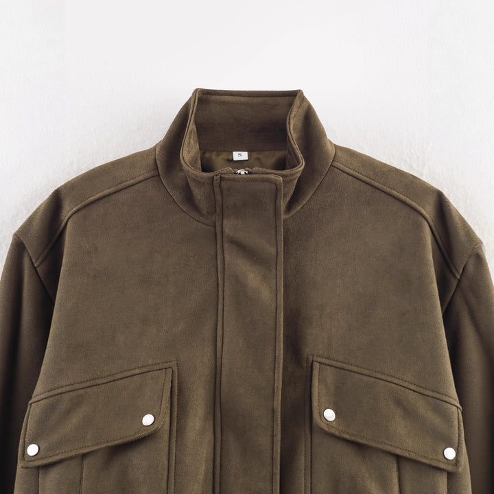 Women's Short-cut Velour-look Bomber Jacket with Stand-up Collar and Flap Pockets Mune Fashion
