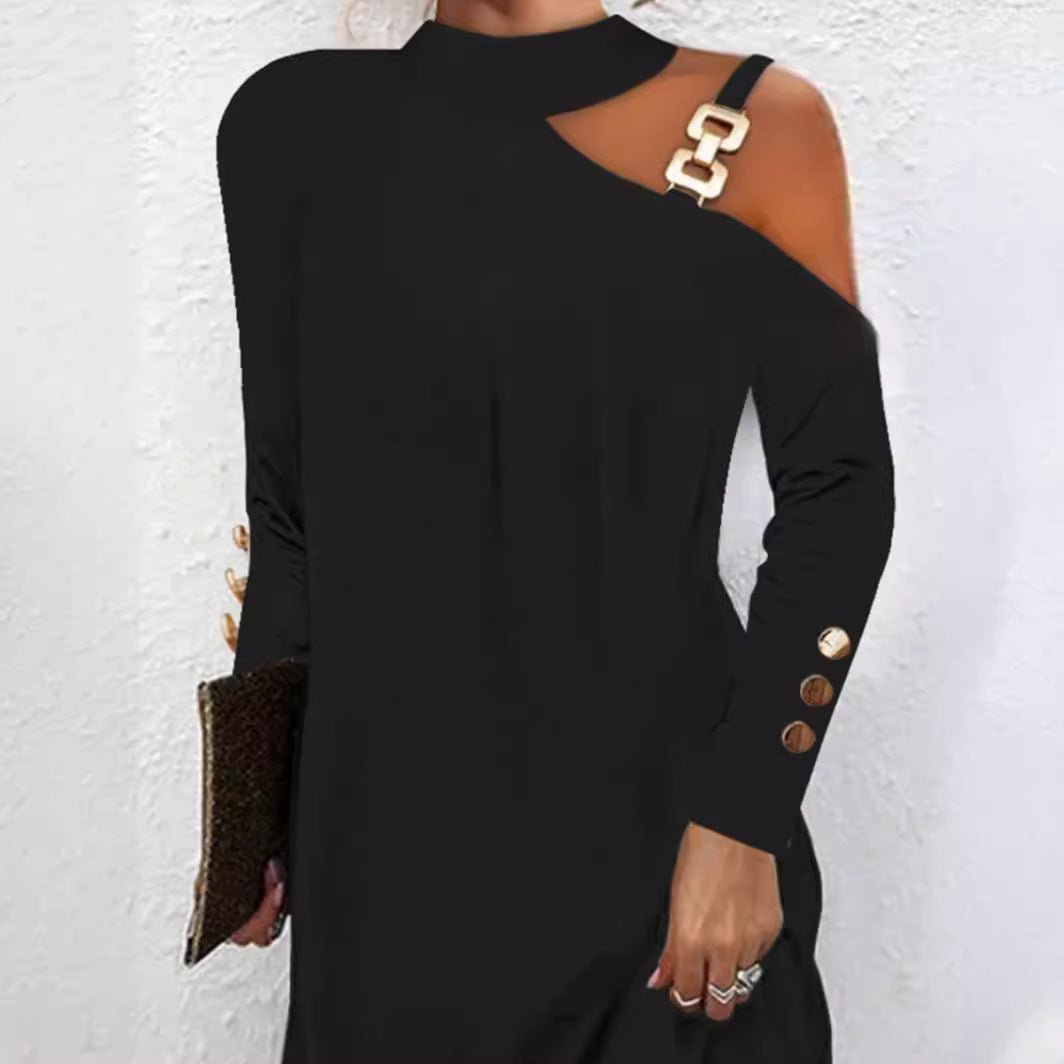 Women nan asymmetrical mini dress with stand collar, cut-out shoulder and decorative chain straps Mune Fashion