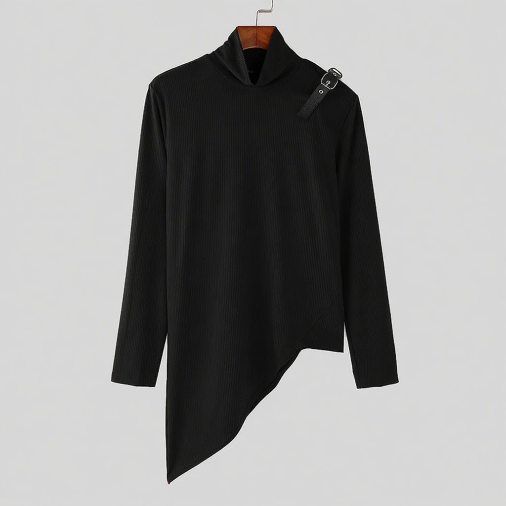 Women's asymmetrical long sleeve top made of fine knit with stand-up collar, diagonal hem, and adjustable shoulder strap Mune Fashion
