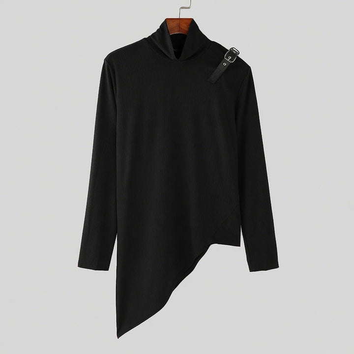 Women's asymmetrical long sleeve top made of fine knit with stand-up collar, diagonal hem, and adjustable shoulder strap Mune Fashion