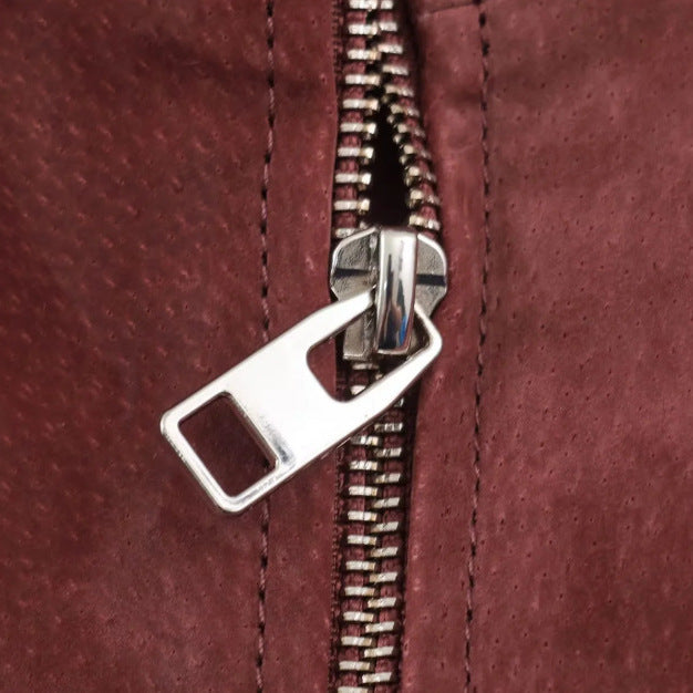 Women's short-cut suede bomber jacket with stand-up collar, gathered hem, and patch pockets Mune Fashion