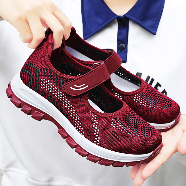 Women's breathable knitted Mary Jane walking sneakers with Velcro and cushioning lightweight sole Mune Fashion