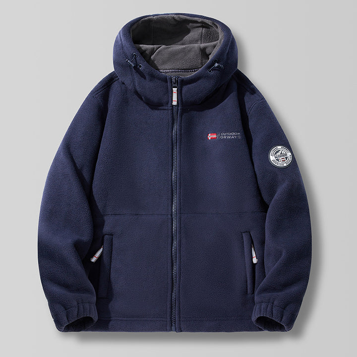 Unisex nan Hooded Fleece Jacket with high collar, full zip and side pockets.