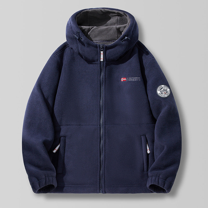 Unisex Hooded Fleece Jacket with high collar, full zip and side pockets.