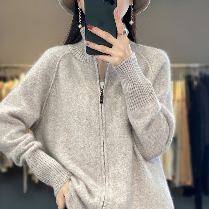 Women’s zip cardigan in cashmere look with stand-up collar and ribbed cuffs Mune Fashion