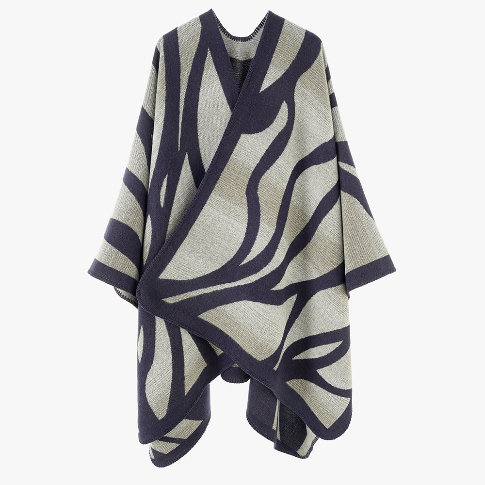 Women's textured knit cape with asymmetric wrap style and jacquard pattern Mune Fashion