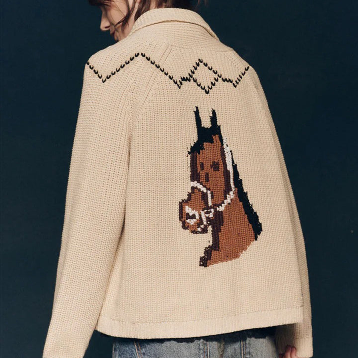 Women’s chunky knit cardigan with lapel collar and horse intarsia Mune Fashion