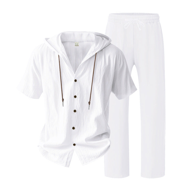 Men's urban leisure set with short-sleeved hoodie shirt, button placket, and straight comfort pants with drawstring Mune Fashion