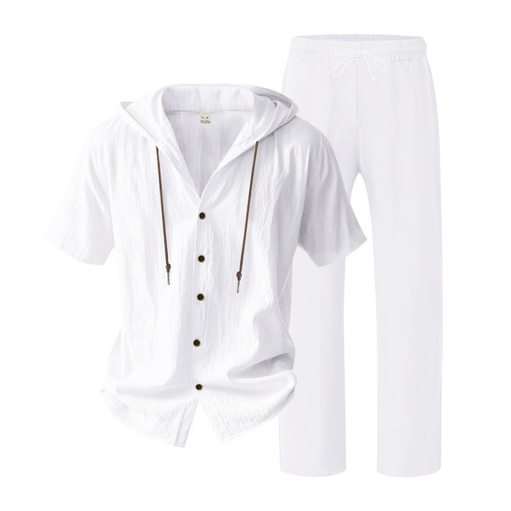 Men's urban leisure set with short-sleeved hoodie shirt, button placket, and straight comfort pants with drawstring Mune Fashion