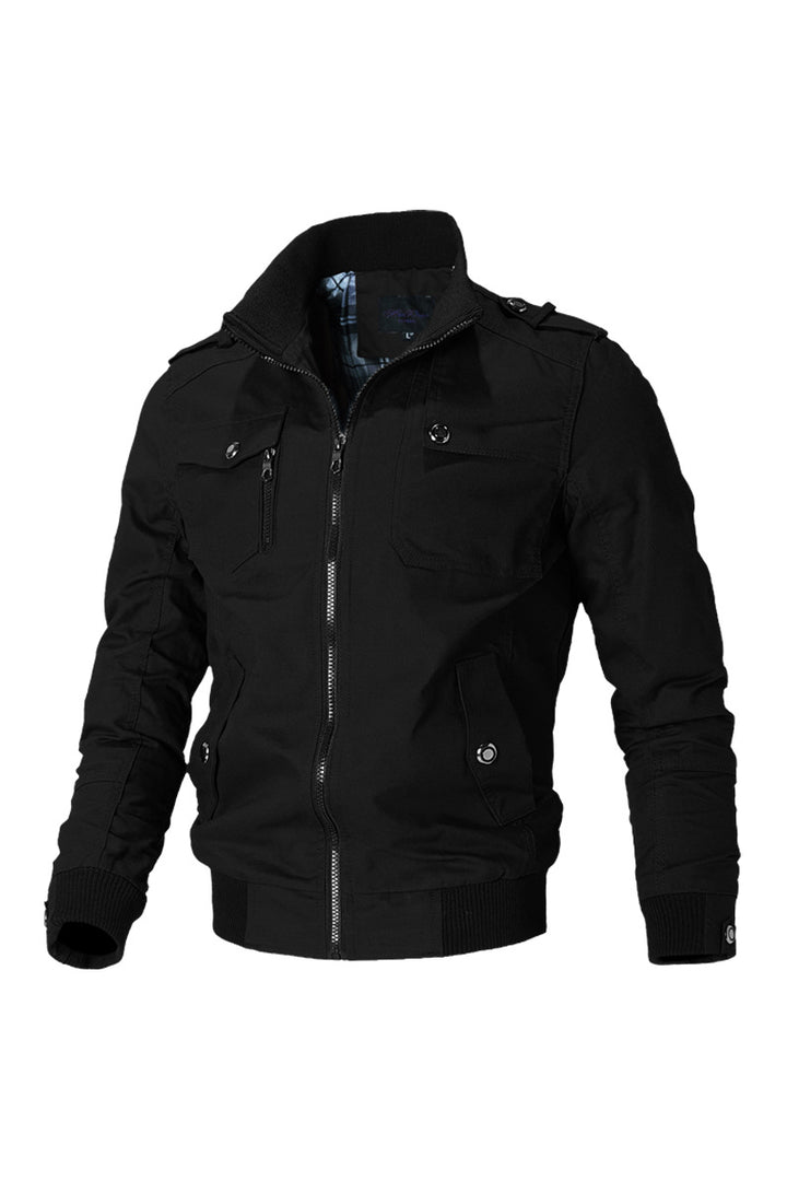 Men's short bomber jacket with stand-up collar, concealed zipper and multiple pockets.