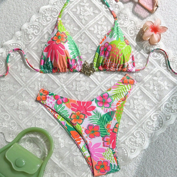 Women's Triangle Bikini with Colorful Flower Design Mune Fashion