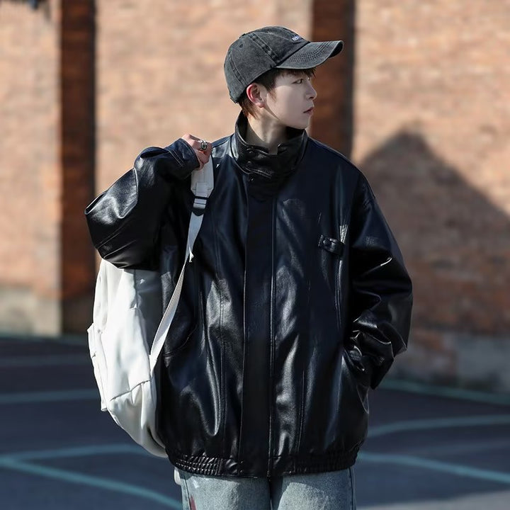 Men's Oversized Faux Leather Bomber Jacket with Stand Collar and Elastic Hem Mune Fashion