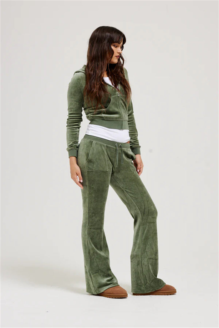 Women's Velvet Cropped Zip Jacket with Kangaroo Pocket and High-Cut Cuffed Pants Mune Fashion