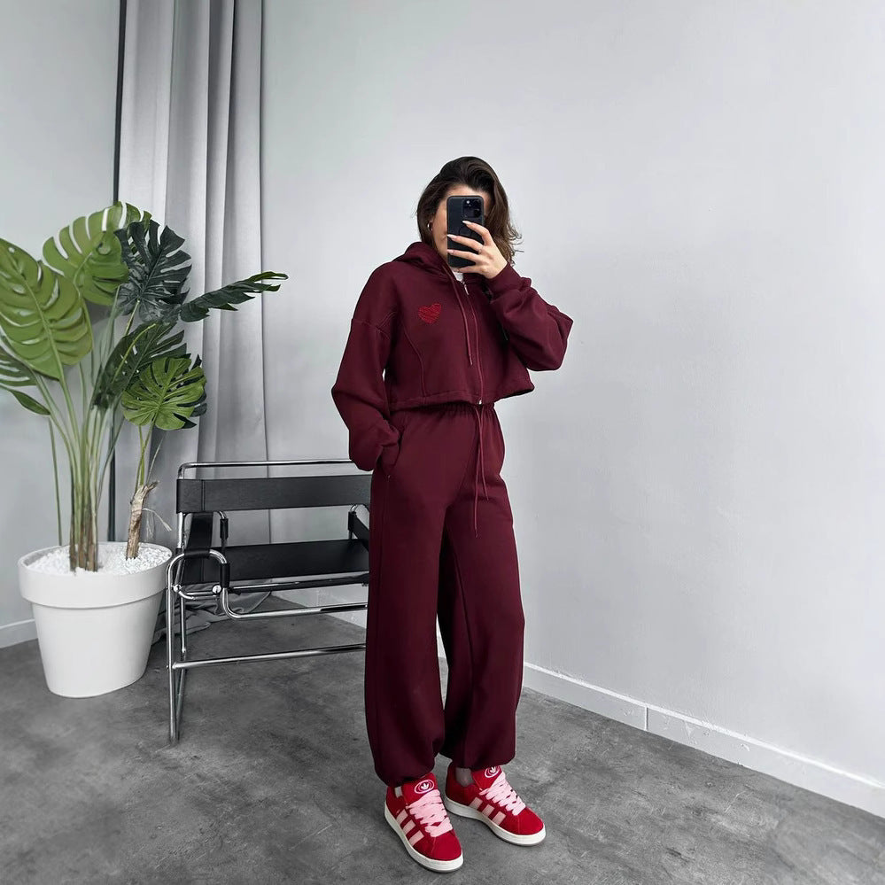 Ladies Cropped Hooded Zip Set with Heart Embroidery and Wide High-Waist Jogging Pants Mune Fashion