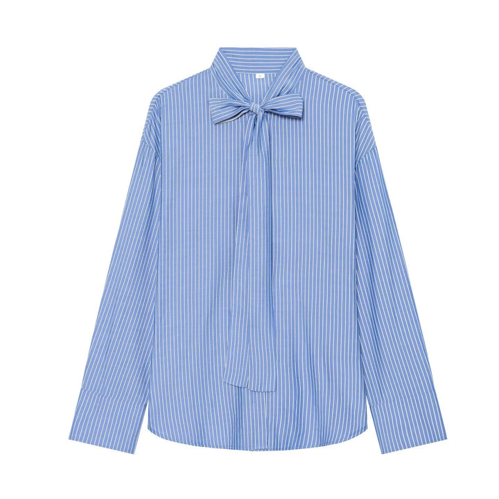 Women's Loose Blouse with Bow Collar and Pinstripes Mune Fashion
