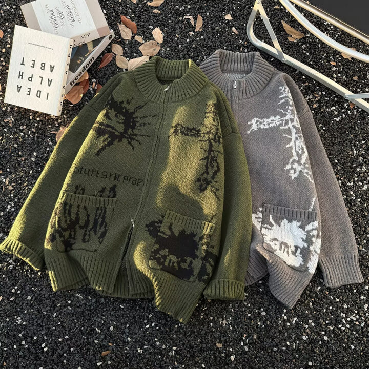 Unisex Chunky Knit Zip Cardigan with High Ribbed Collar, Jacquard Pattern and Patch Pockets Mune Fashion