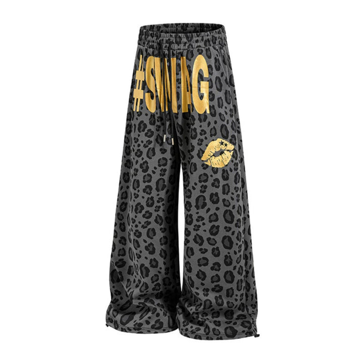 Women's Wide Palazzo Sweatpants in Leopard Print with High Comfort Waistband, Drawstring and Golden Statement Print Mune Fashion