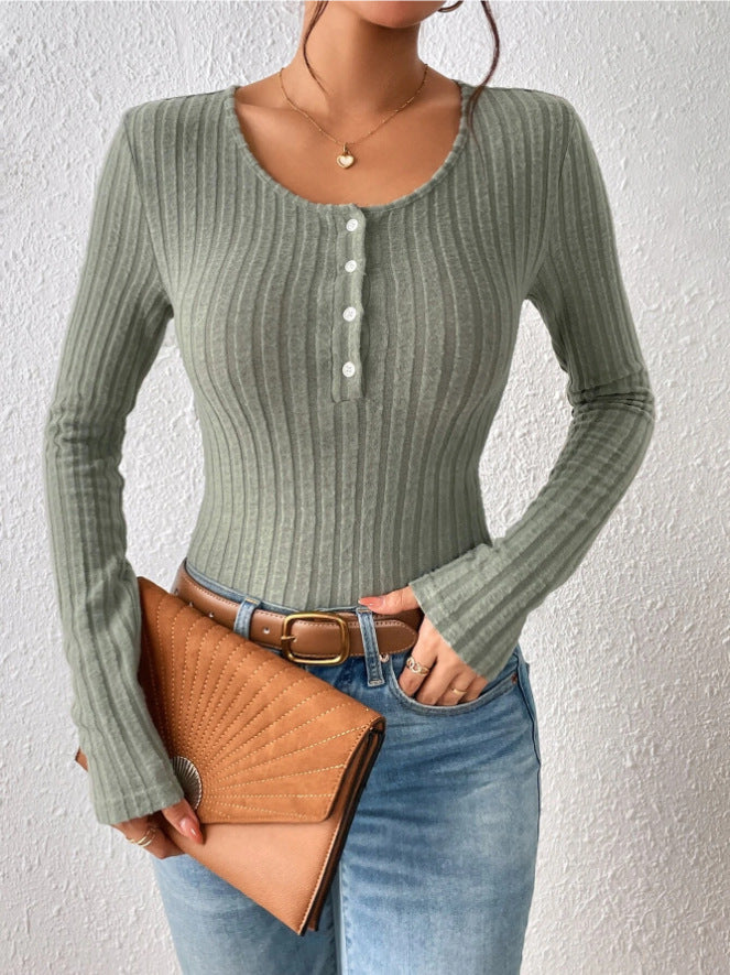 Women Ribbed Fine Knit Bodysuit with Henley Button Placket and Tailored Fit Drune