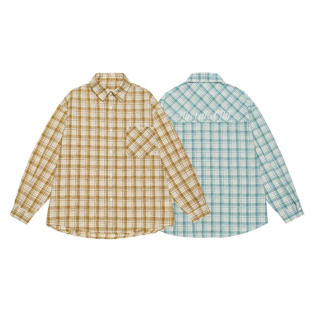 Unisex Oversize Shirt Jacket in checkered cotton look with rounded hem and breast pocket Mune Fashion
