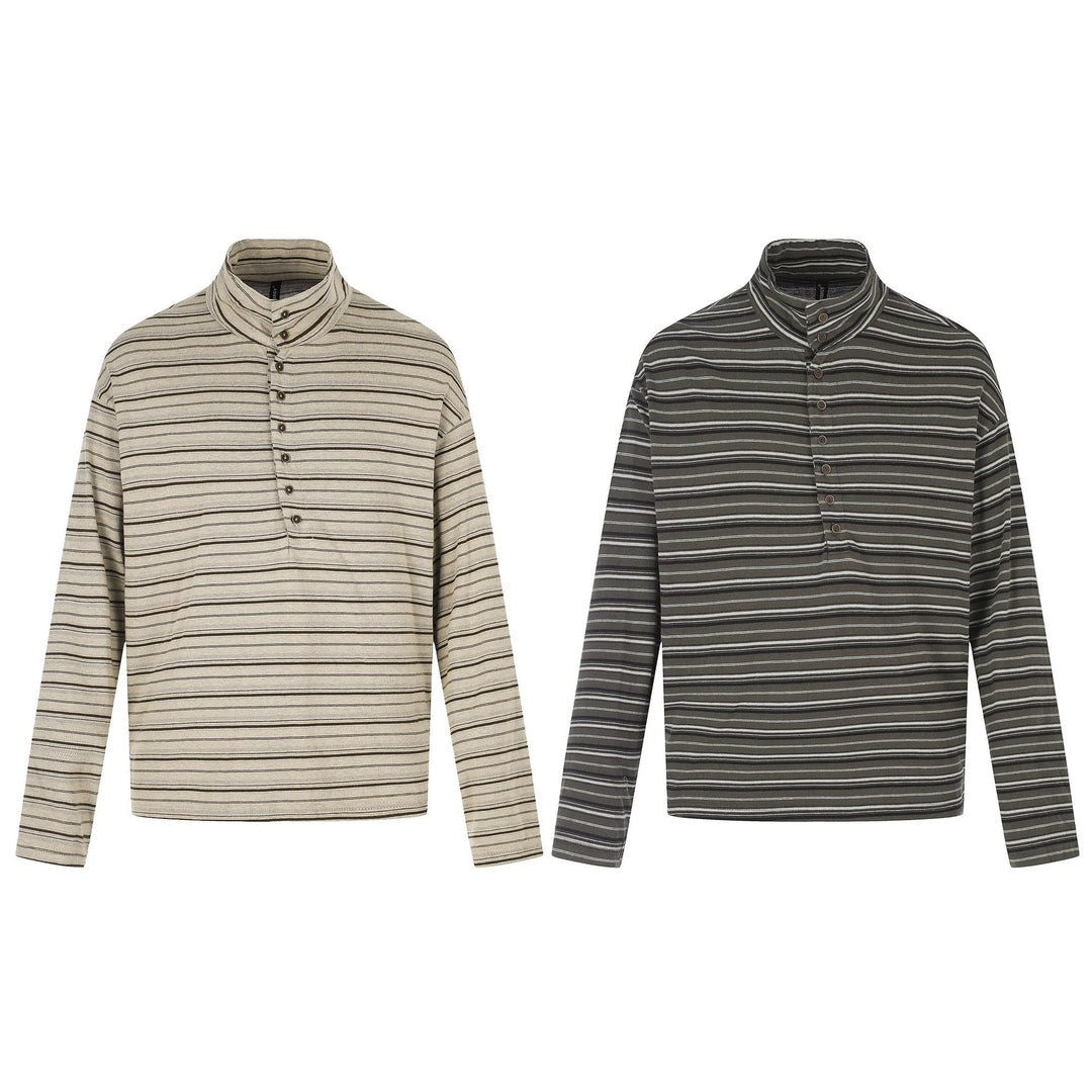 Men's fine striped henley with high stand-up collar, full button placket, and boxy cut Mune Fashion