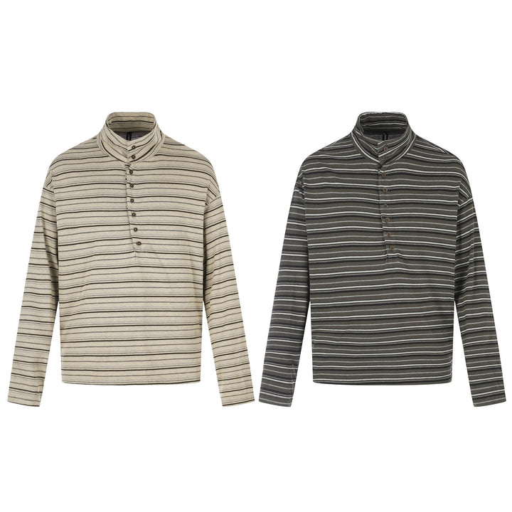 Men's fine striped henley with high stand-up collar, full button placket, and boxy cut Mune Fashion