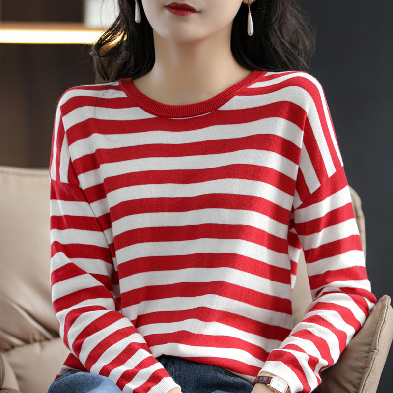 Women Maritime-inspired striped fine knit shirt with wide boat neck and contrast trim Mune Fashion