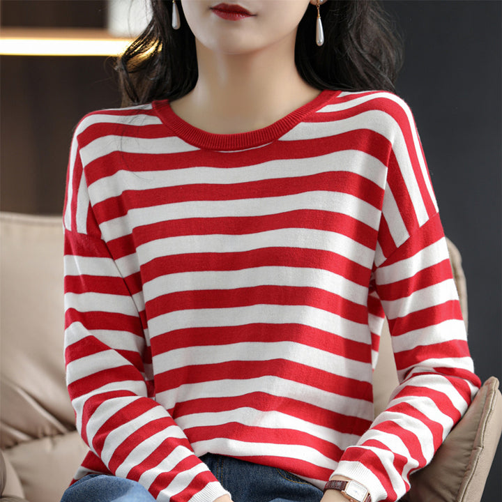 Women Maritime-inspired striped fine knit shirt with wide boat neck and contrast trim Mune Fashion