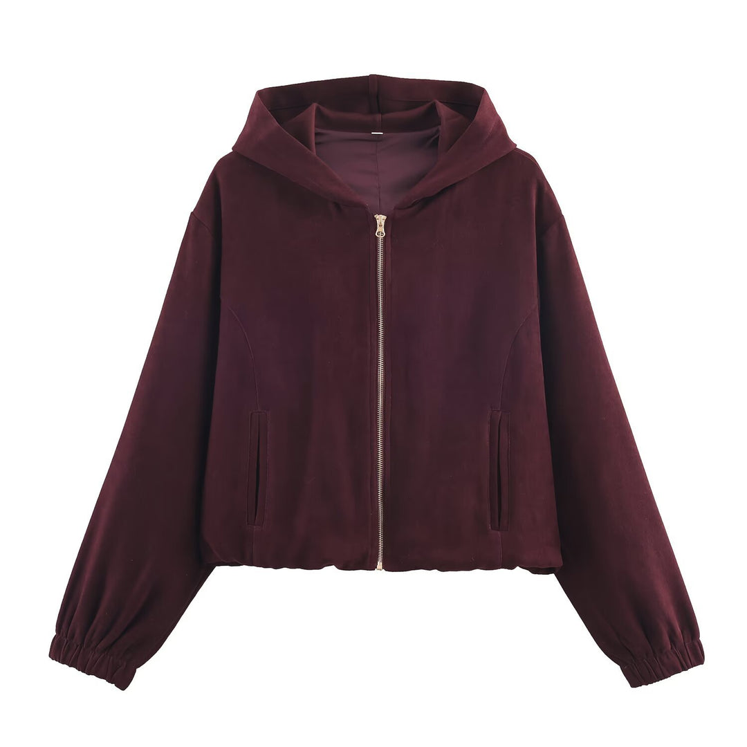 Ladies Boxy Hooded Jacket in Velvet Look with Full Zip and Elastic Hem Mune Fashion