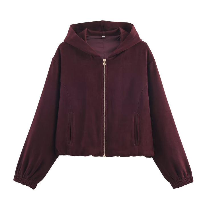 Ladies Boxy Hooded Jacket in Velvet Look with Full Zip and Elastic Hem Mune Fashion
