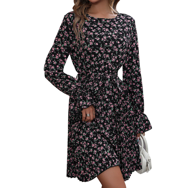 Ladies mid dress with pleated skirt, drawstring waist and ruffled cuffs Mune Fashion
