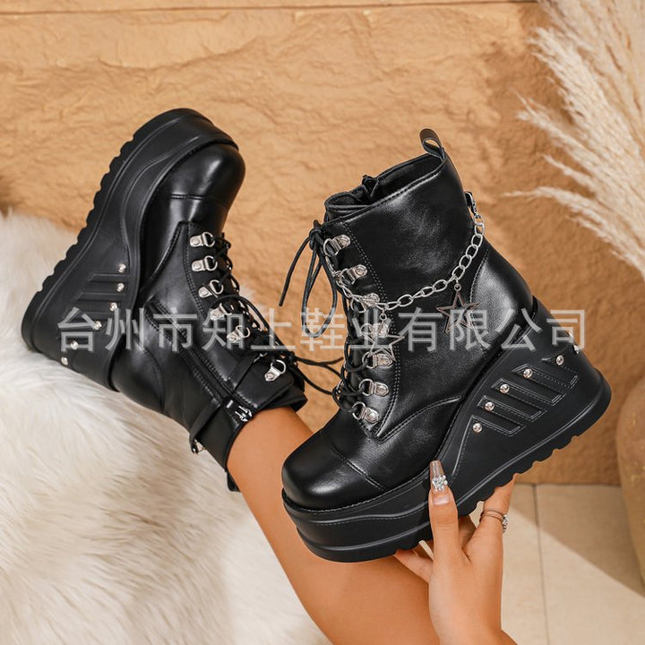 Women's Gothic Platform Ankle Boots with Lacing, Eyelet Straps, and Pendant Details Mune Fashion