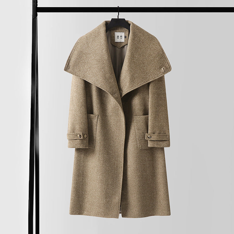 Ladies Elegant long wool mix cocoon coat with overlapping shawl collar and patch pockets Mune Fashion