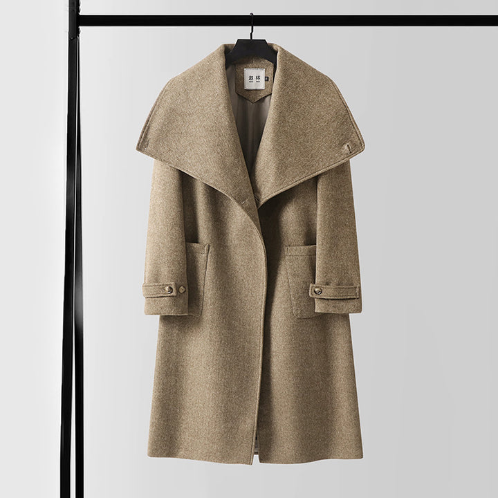 Women Maxi Length Wool Blend Coat with Oversized Shawl Collar and Patch Pockets Mune Fashion