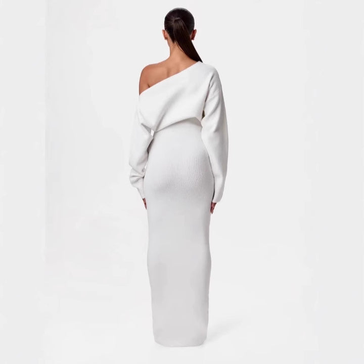 Women's One-Shoulder Maxi Knit Dress with Oversized Sleeves Mune Fashion