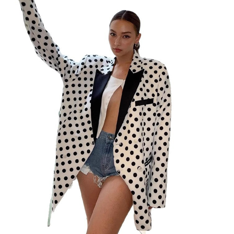 Women's Oversized Polka Dot Blazer with Contrasting Lapels and Boxy Silhouette Mune Fashion