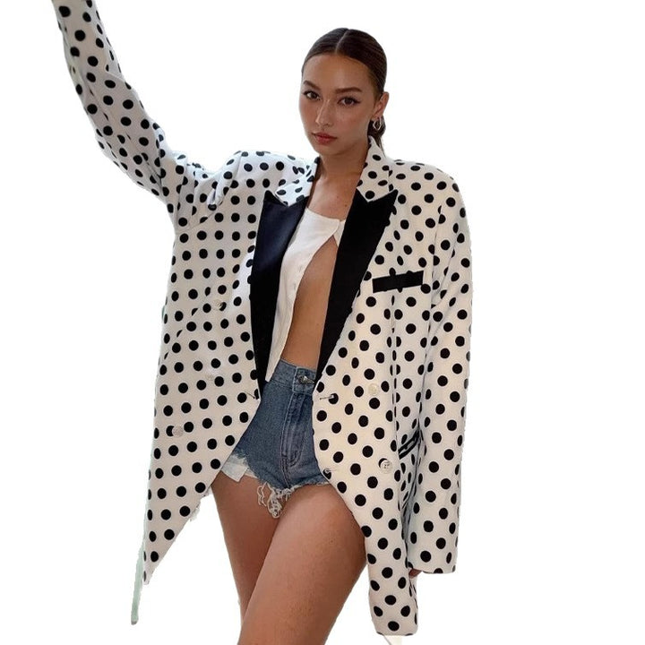 Women's Oversized Polka Dot Blazer with Contrasting Lapels and Boxy Silhouette Mune Fashion