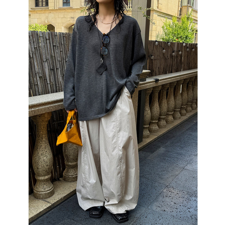 Women Casual V-Neck Fine Knit Long Sleeve with Dropped Shoulder Mune Fashion